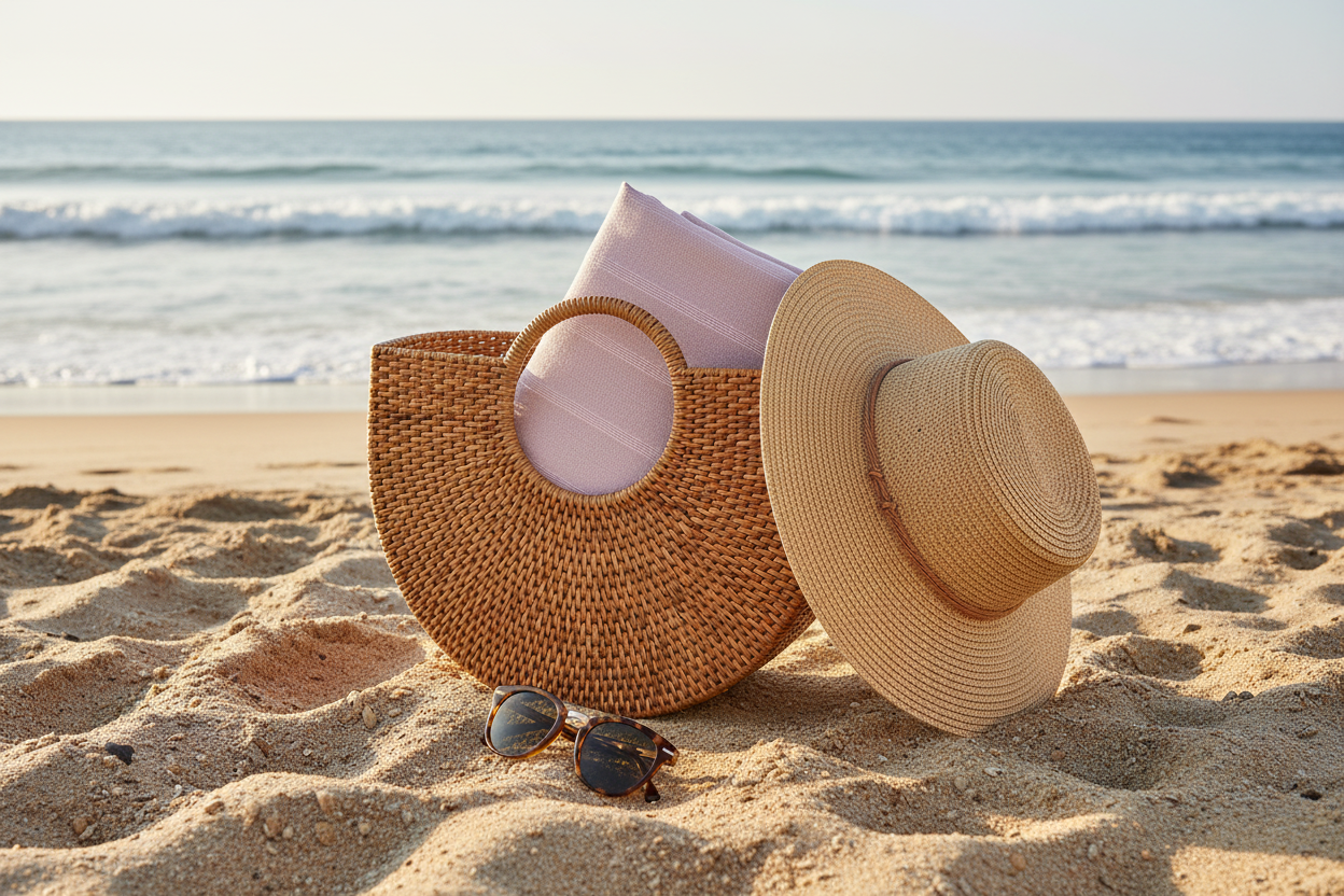Dusty rose Turkish hammam towel folded and packed in an open rattan beach bag on sand with sunglasses and sun hat