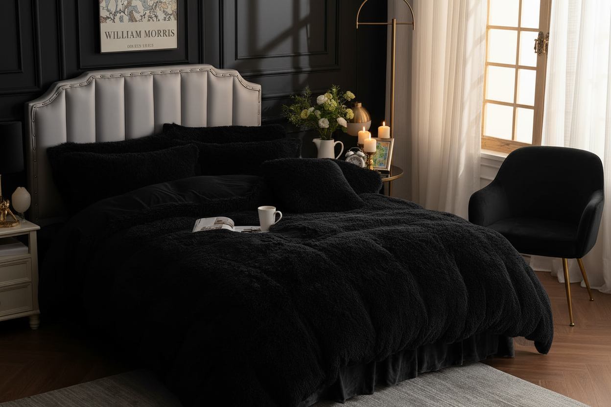 Fluffy Faux Fur Duvet Cover Set - Dark Moody Bedroom