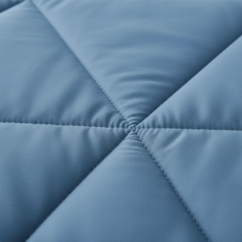 Close-up of blue microfibre comforter showing diamond quilted stitching pattern and soft plush texture