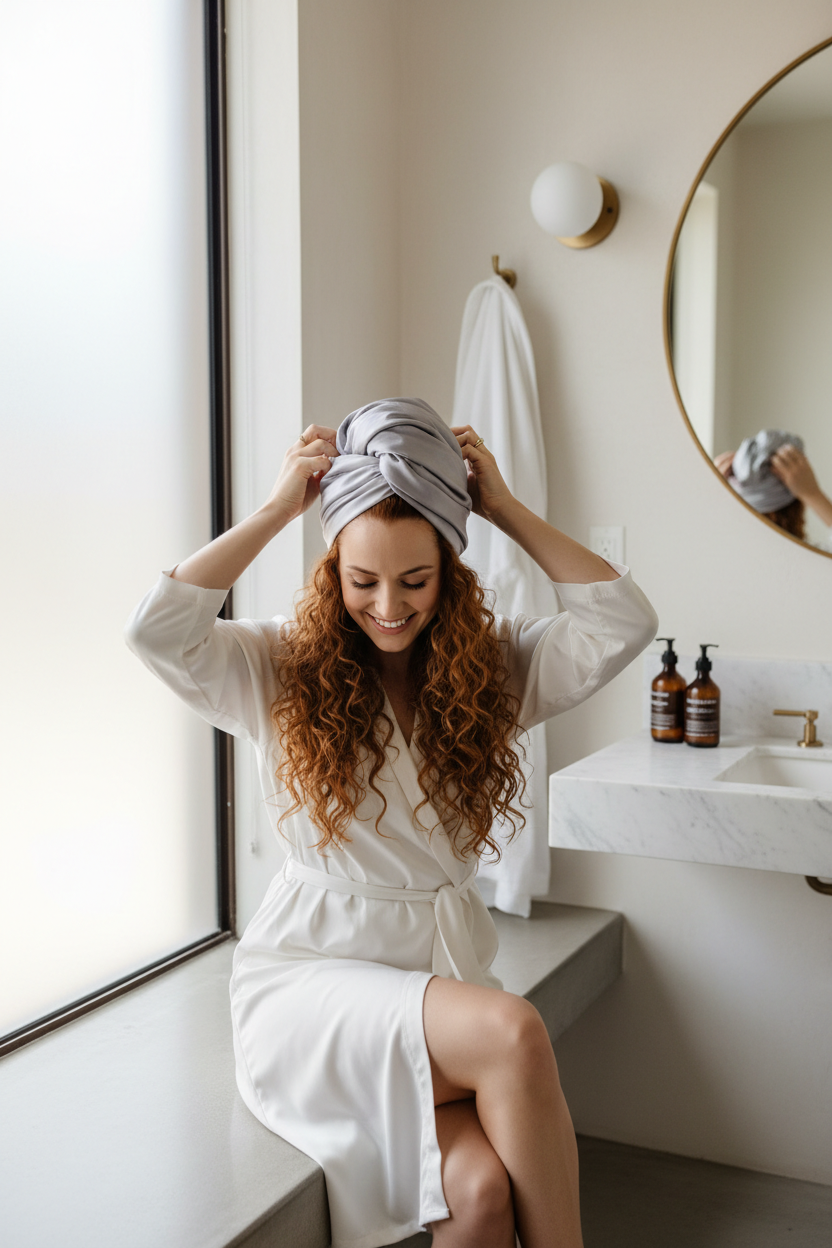 Silk Hair Towel - woman with curly hair unwrapping silk turban to reveal frizz-free curls