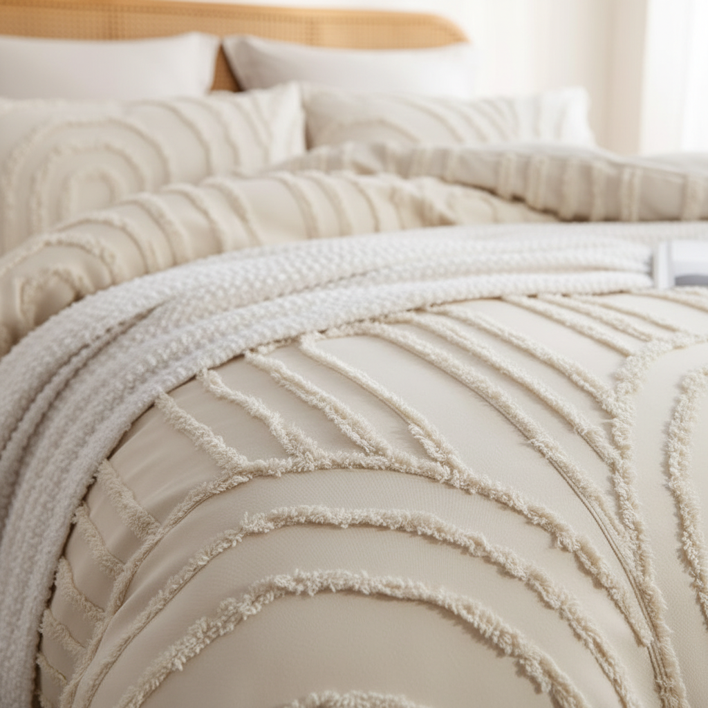 Close-up detail of beige chenille tufted duvet cover with boho rainbow arch pattern