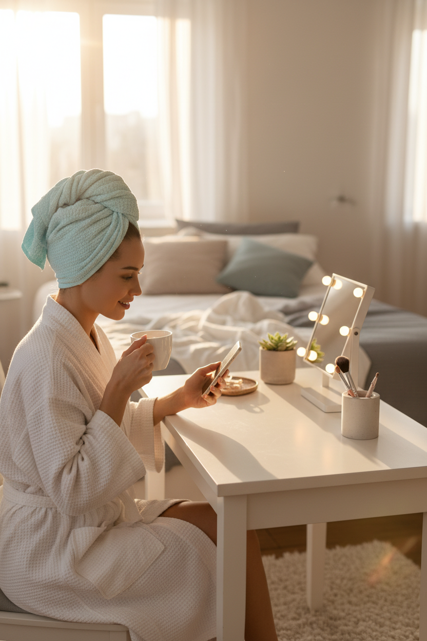 Woman wearing a blue microfibre waffle hair towel wrap sitting at a vanity with coffee and phone