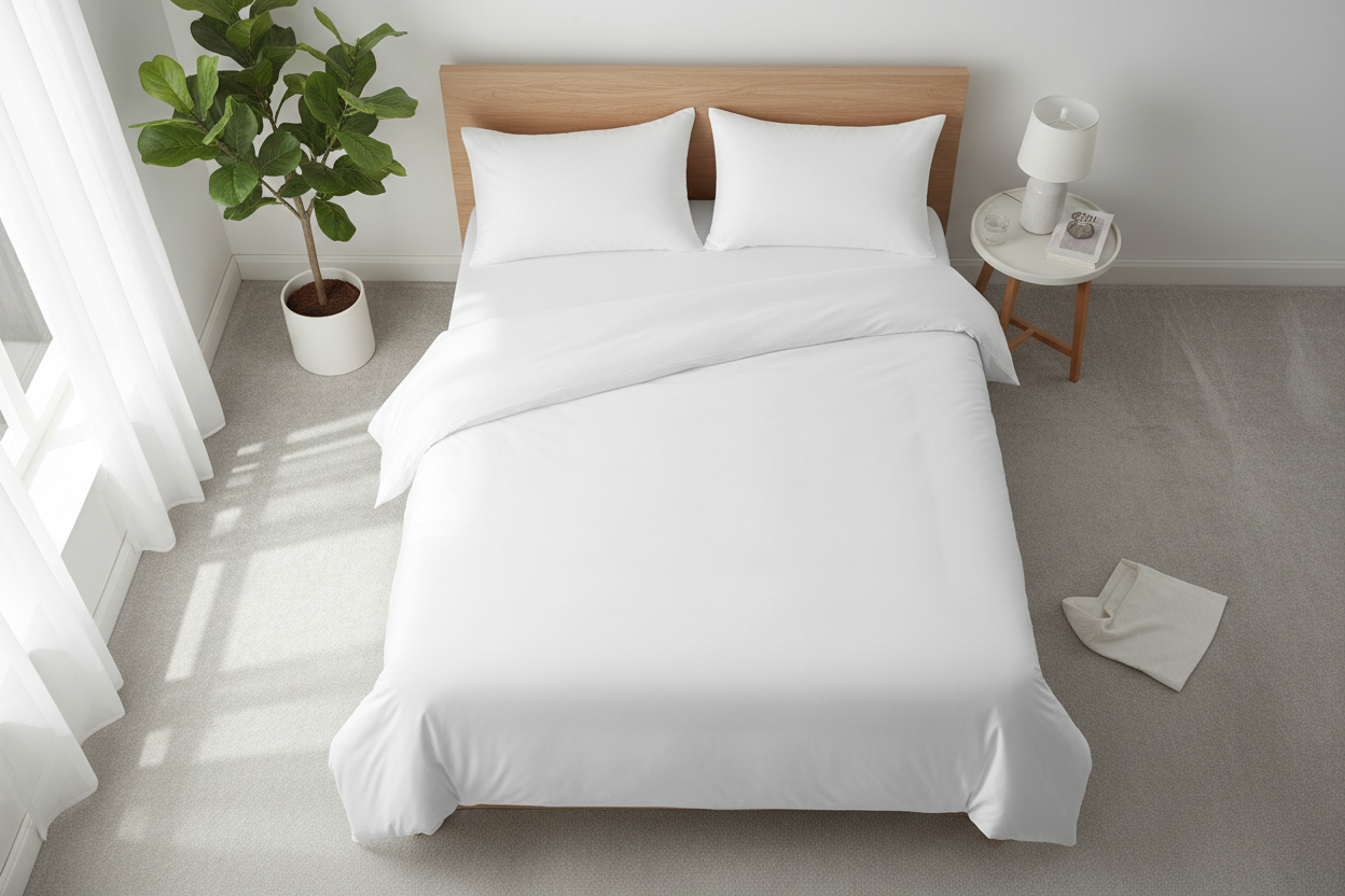White cooling microfiber double size sheet set flat lay on double bed