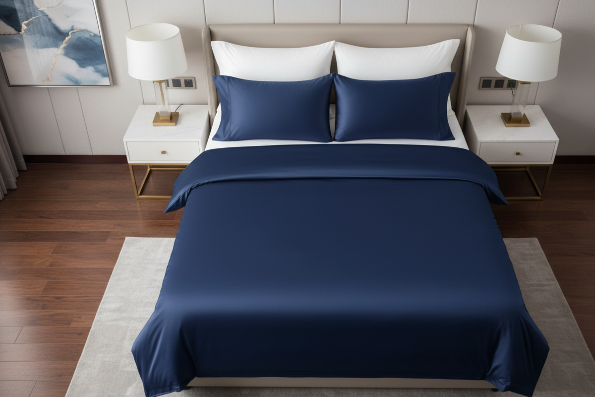 Navy blue satin sheet set styled on a super king bed, top-down aerial view
