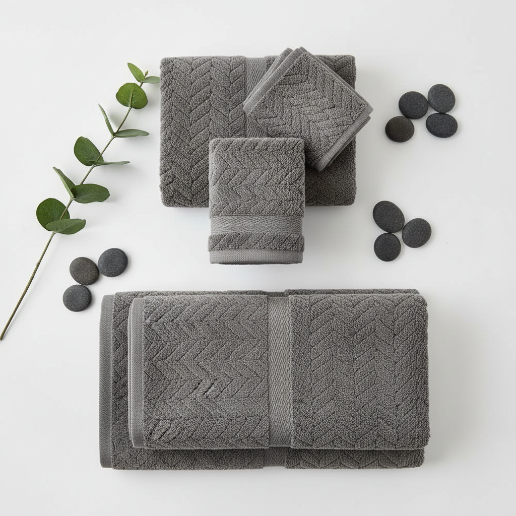 Charcoal grey chevron weave microfiber 6-piece towel set flat lay with eucalyptus and pebbles