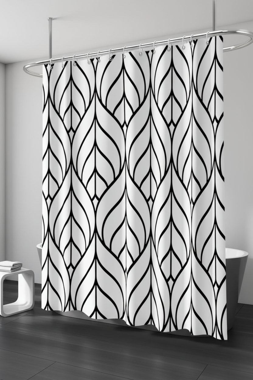 Full length black and white geometric shower curtain on chrome hooks showing extra long 84 inch drop in a minimal bathroom