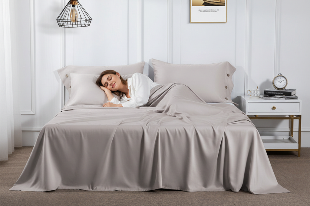 Person resting on cotton satin bed sheet in luxury bedroom