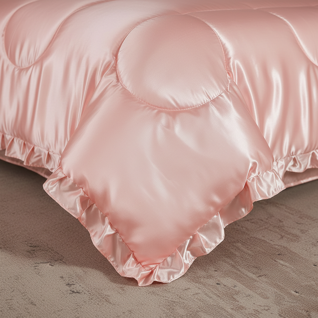 Close-up of pink satin ruffle fringe trim detail showing silk-like lustre