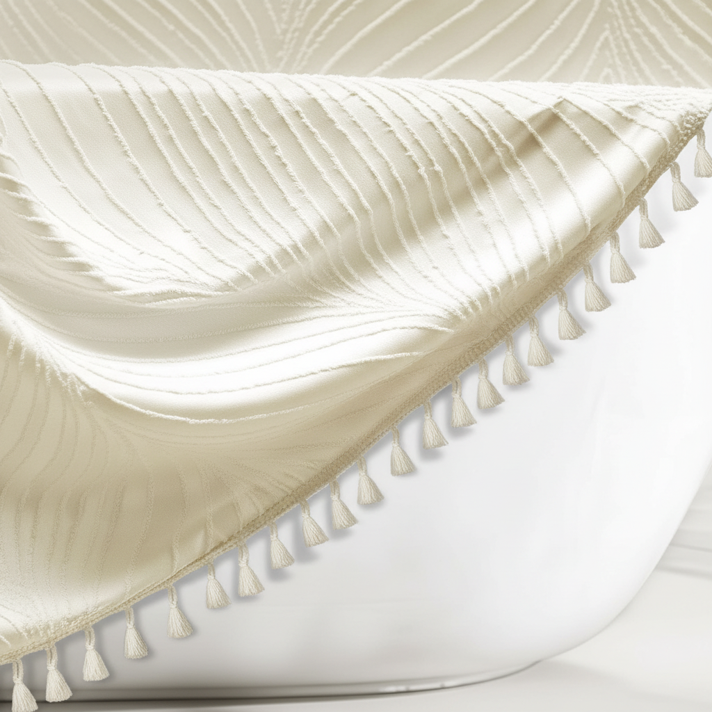 Close-up of cream chenille tufted leaf pattern shower curtain showing deeply raised woven texture and pom-pom tassel hem detail