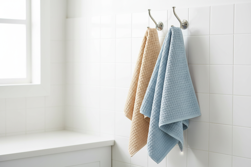 Camel and blue microfibre waffle hair towel wraps hanging on a chrome towel hook in a white bathroom