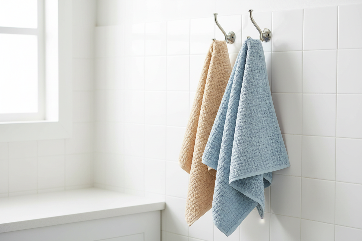 Camel and blue microfibre waffle hair towel wraps hanging on a chrome towel hook in a white bathroom