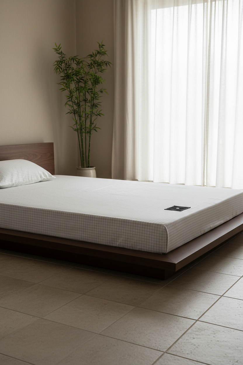 White grounding sheet on bed in zen Japanese-inspired minimal bedroom