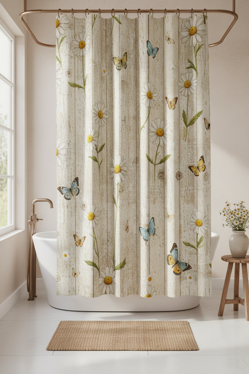 Rustic floral shower curtain with daisies and butterflies hanging in bright bathroom