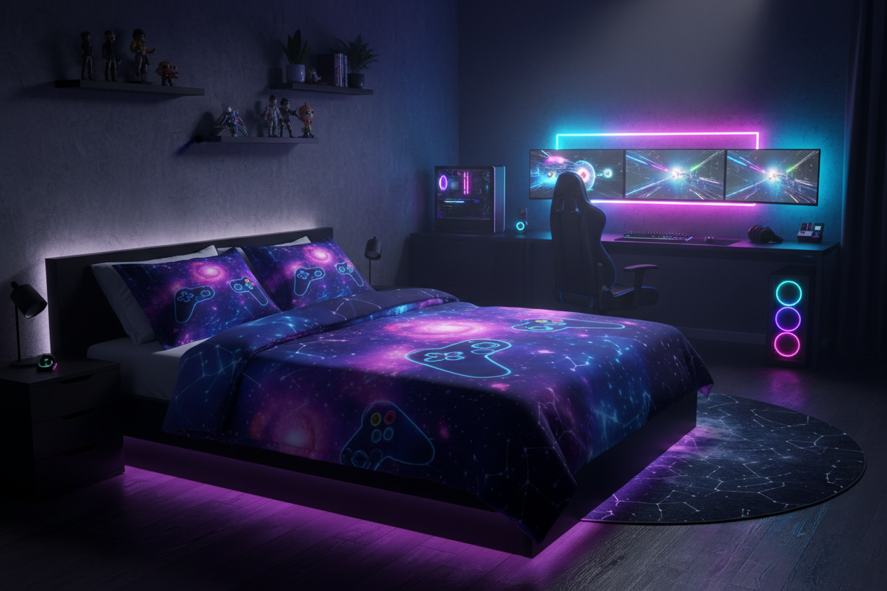 Galaxy gamepad print duvet cover set styled on a king bed in a modern gaming bedroom