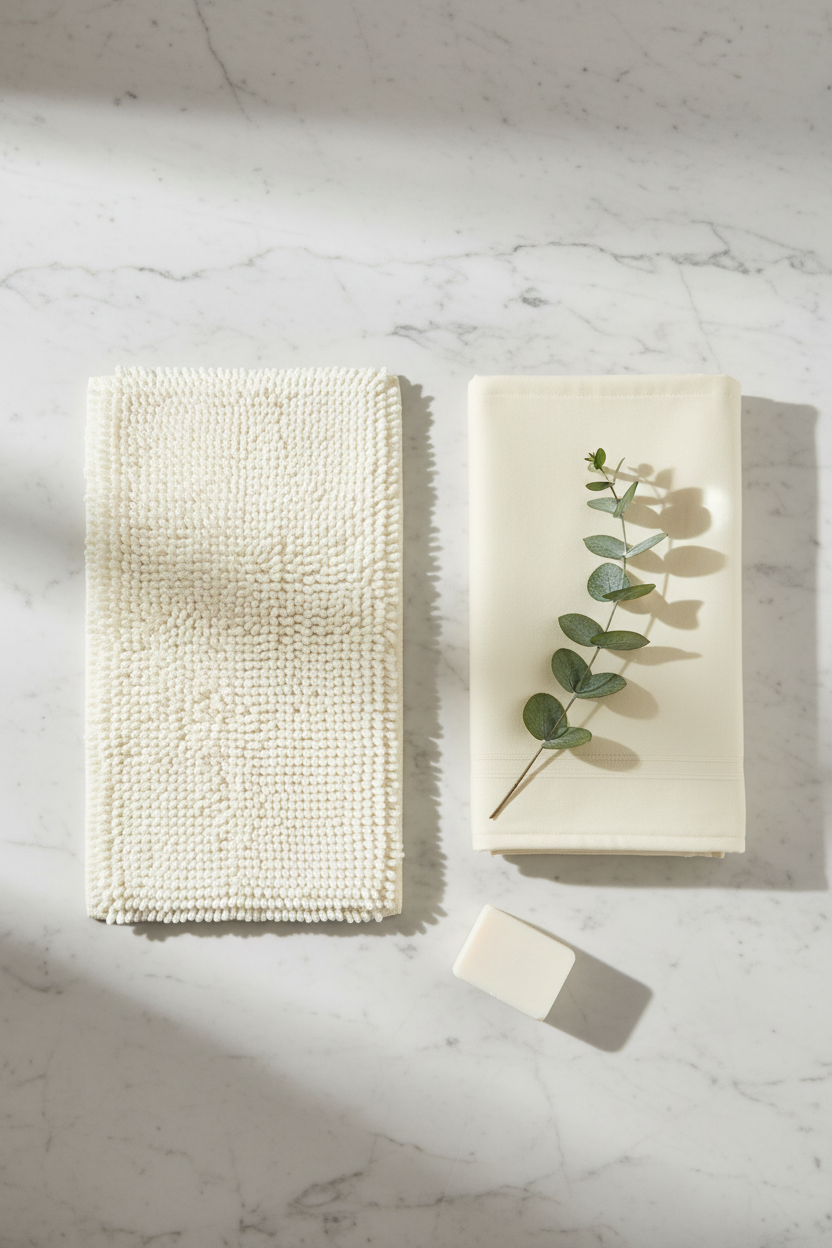 Flat lay of cream chenille bath rug and shower curtain with eucalyptus and soap on marble surface
