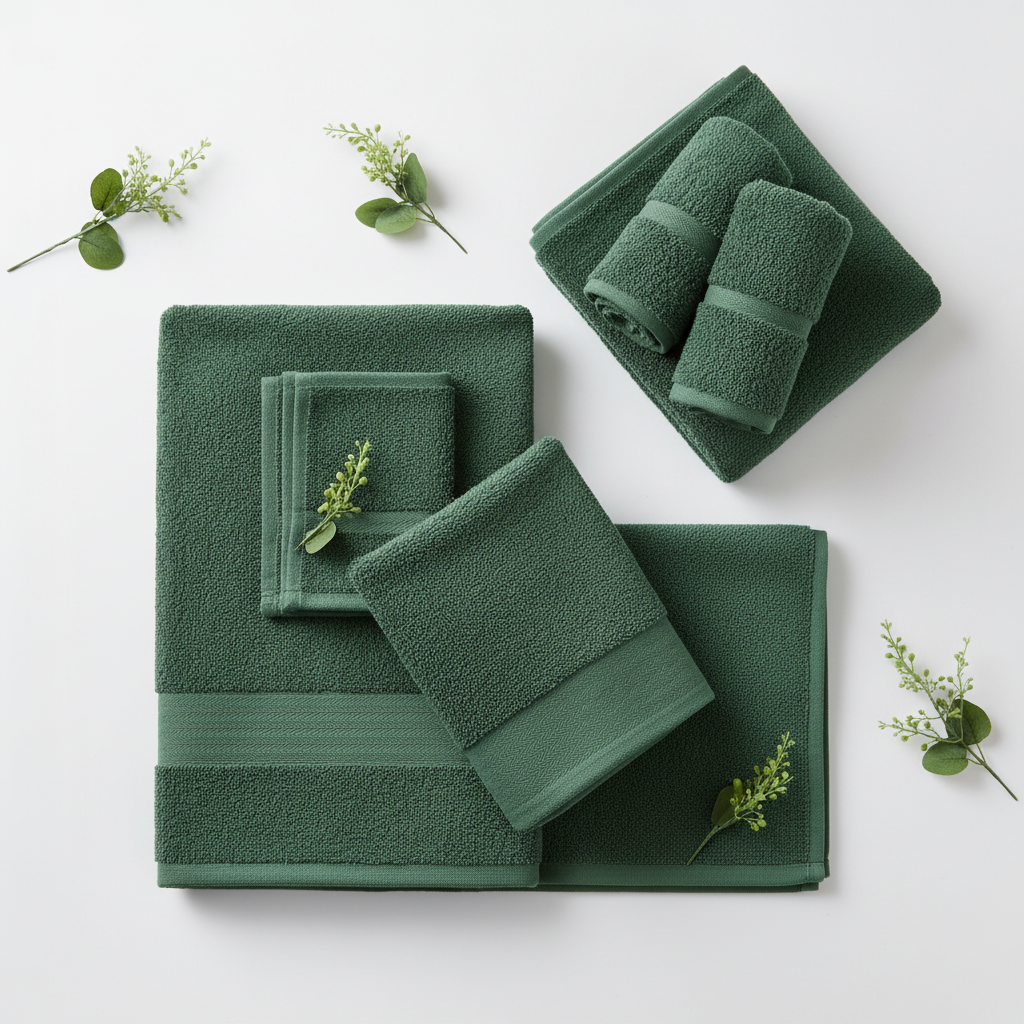 Hunter green popcorn textured 8-piece towel set flat lay with green plant sprigs
