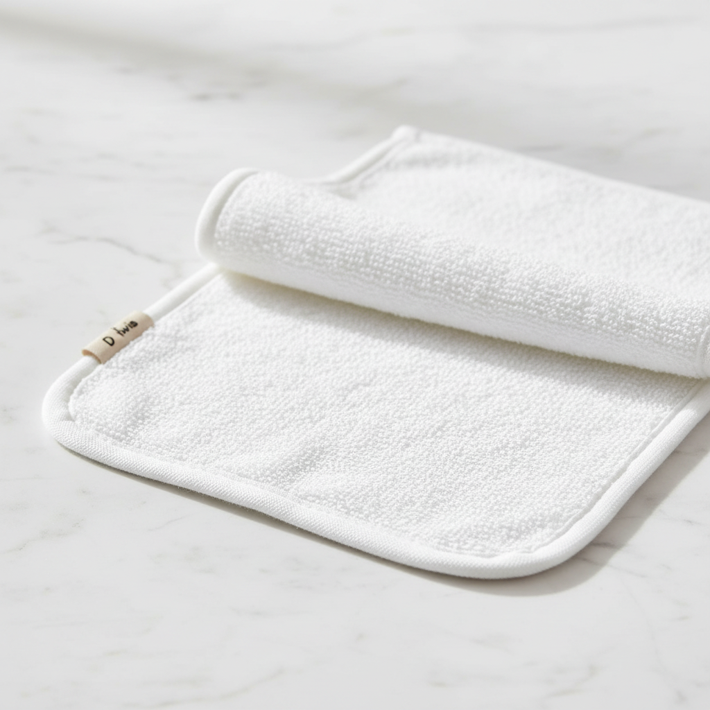 Close-up of a pure white 500GSM bamboo washcloth showing ultra-plush thick terry texture on white marble
