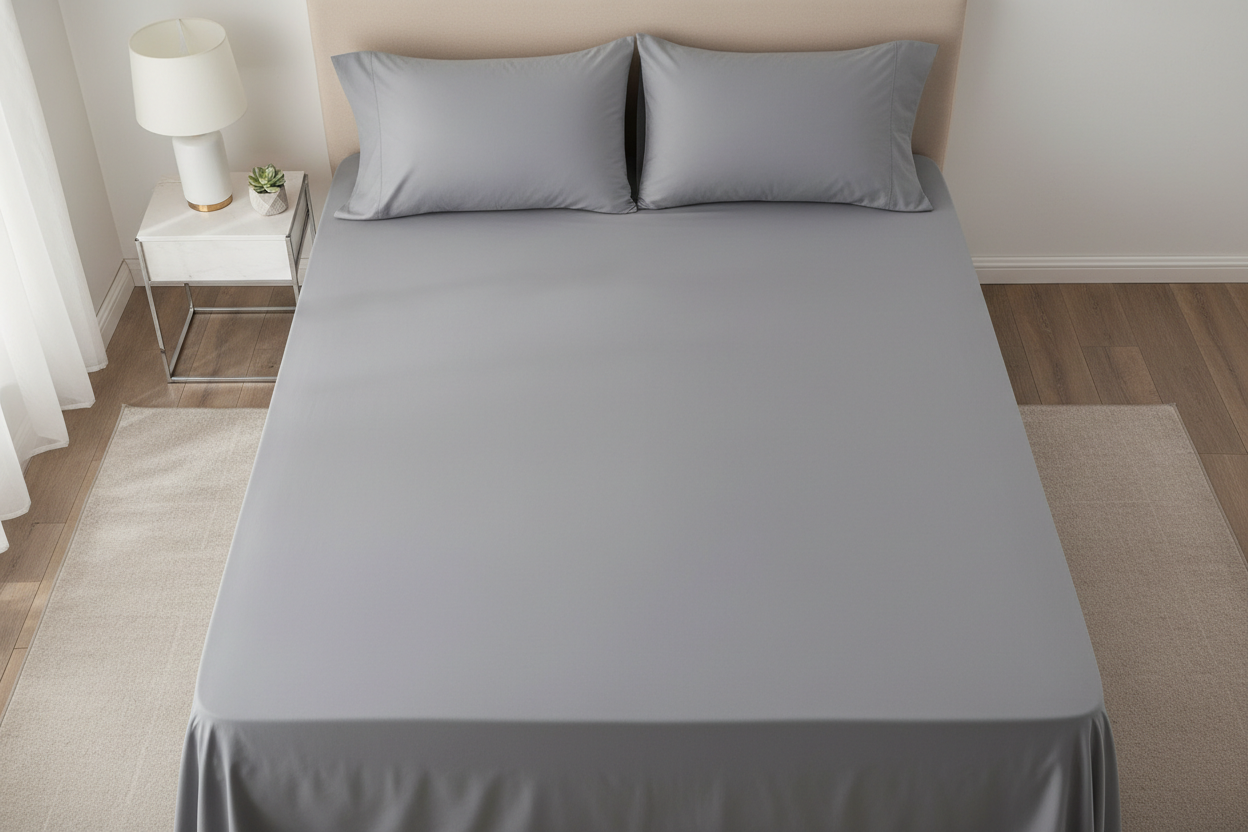Gray cotton hybrid flat sheet top-down aerial view on king bed