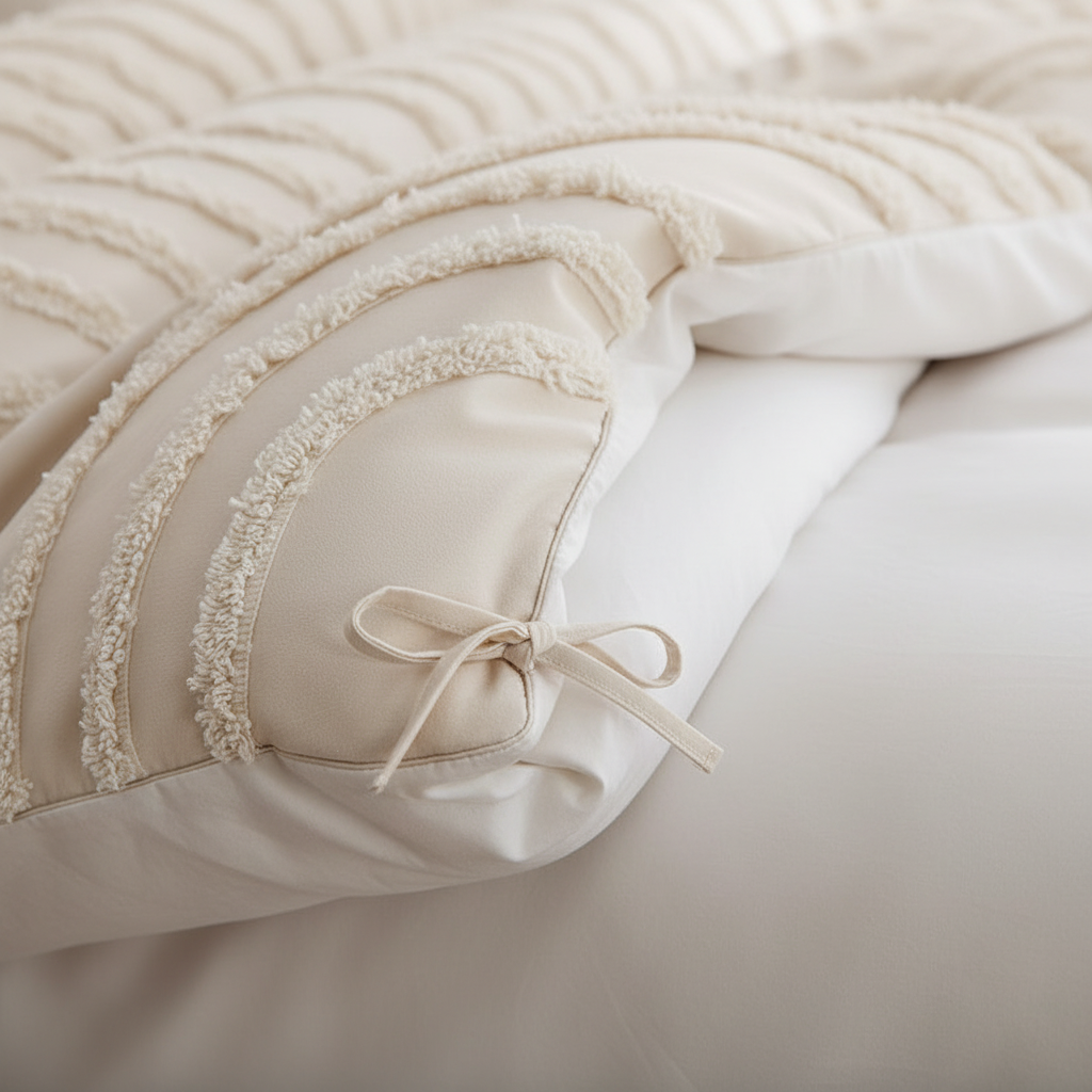Corner tie detail inside beige chenille tufted duvet cover securing the insert