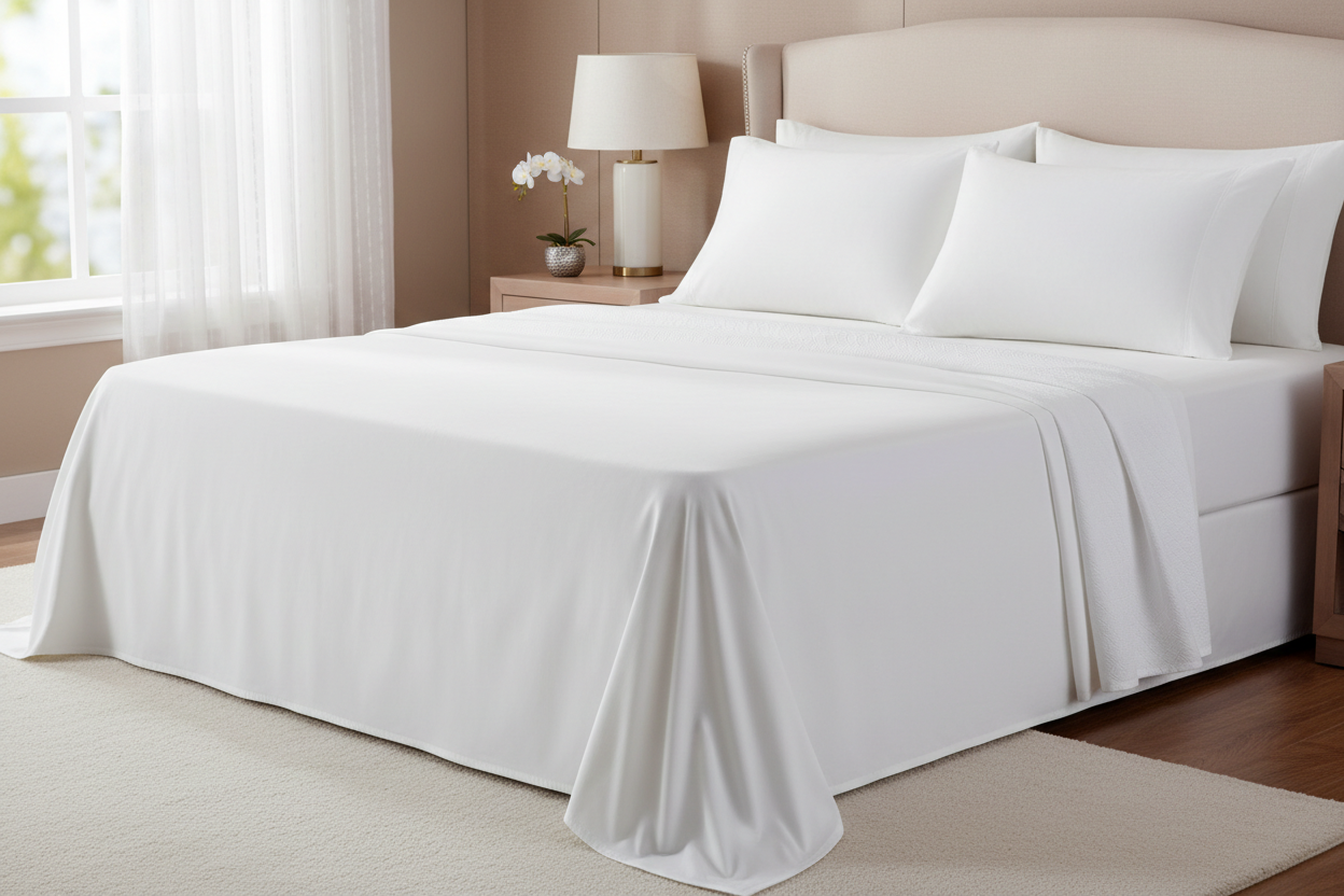 White cooling microfiber king size sheet set on a king bed