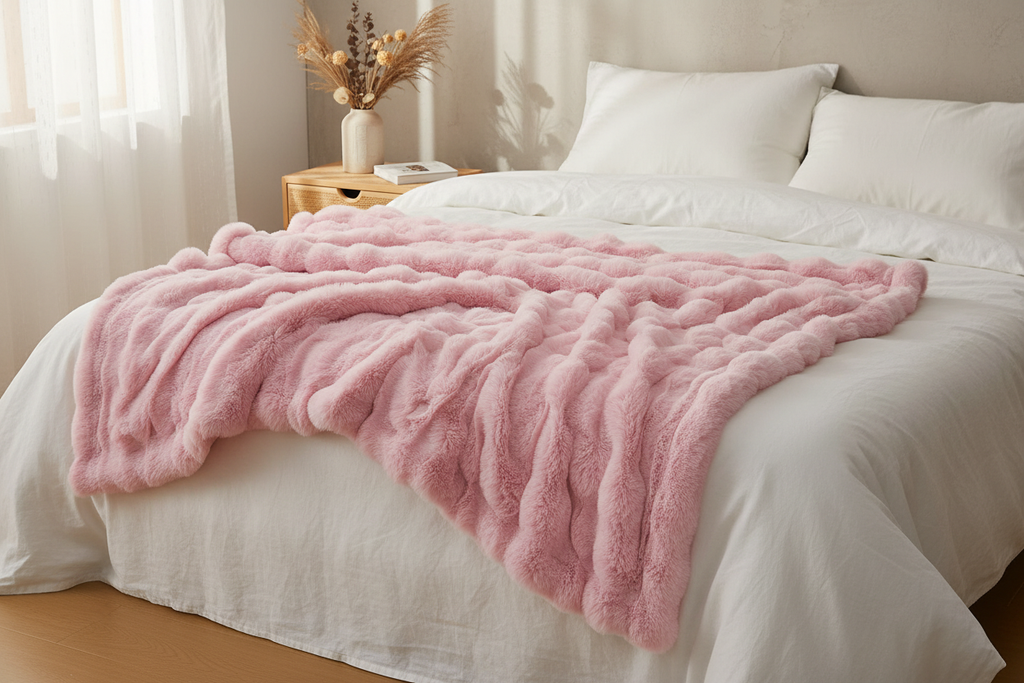 Pink Faux Fur Throw Blanket on a white linen bed in a soft feminine bedroom