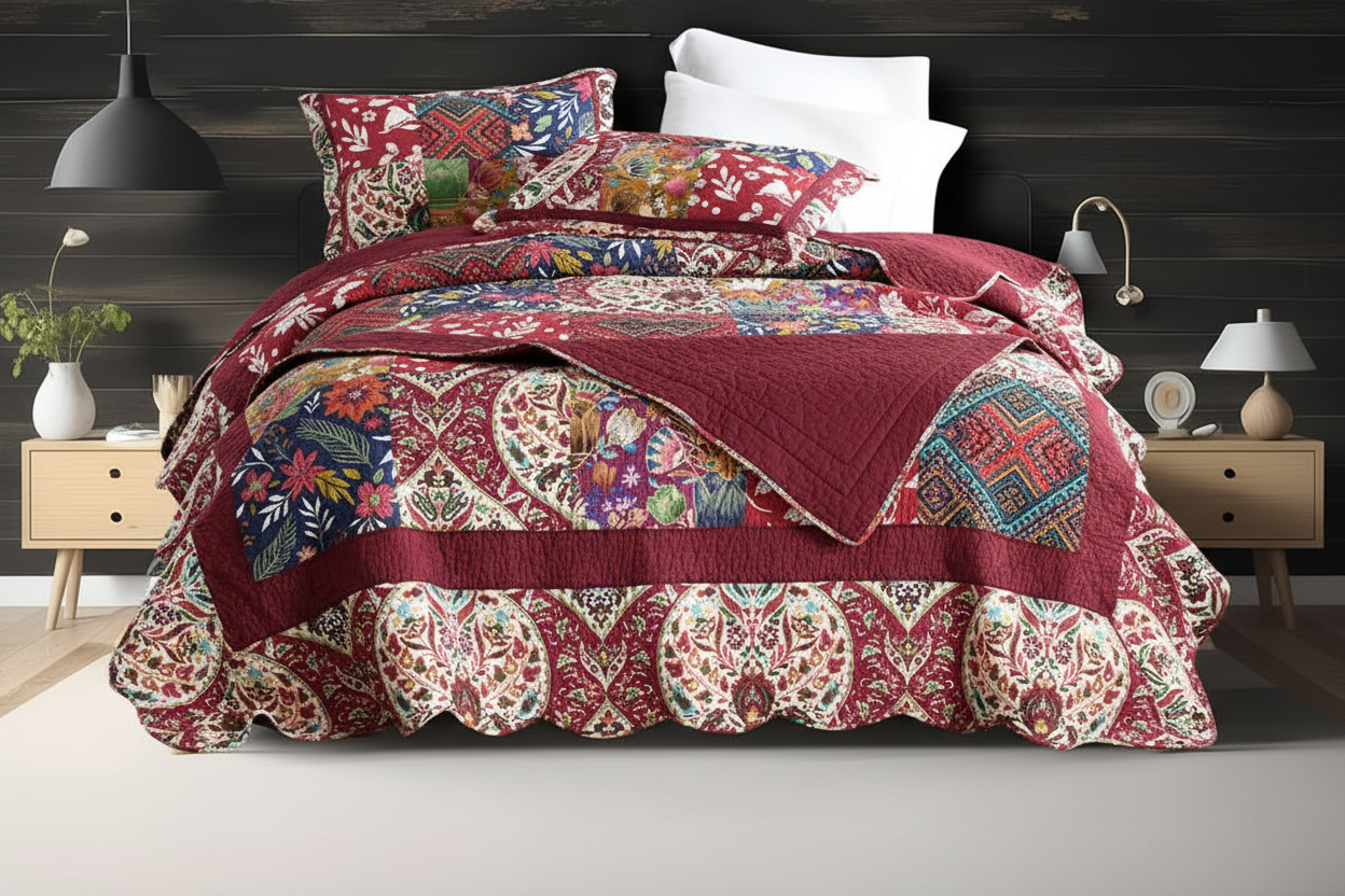 Vintage floral patchwork quilt draped over bed edge showing reversible plain burgundy reverse side
