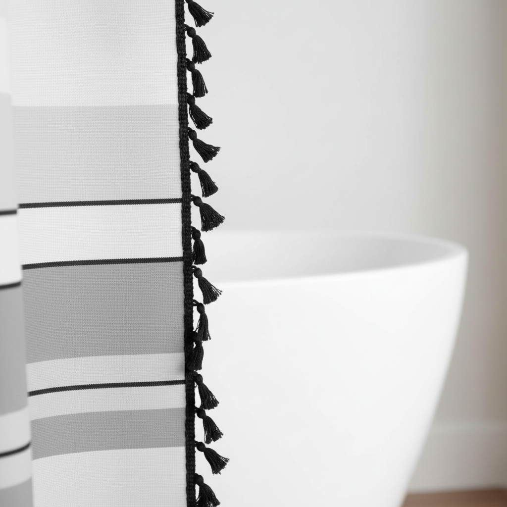 Close-up of black tassel fringe trim detail along the side edge of a white shower curtain