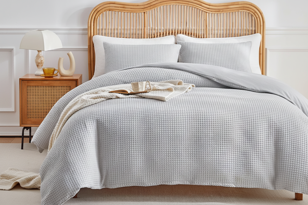Light grey waffle weave duvet cover set on king bed with rattan headboard, cream throw and wooden tray
