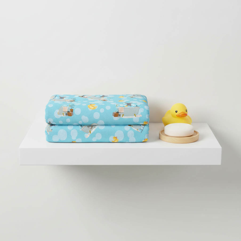 Blue Chihuahua bath towel flat lay on bathroom shelf with rubber duck