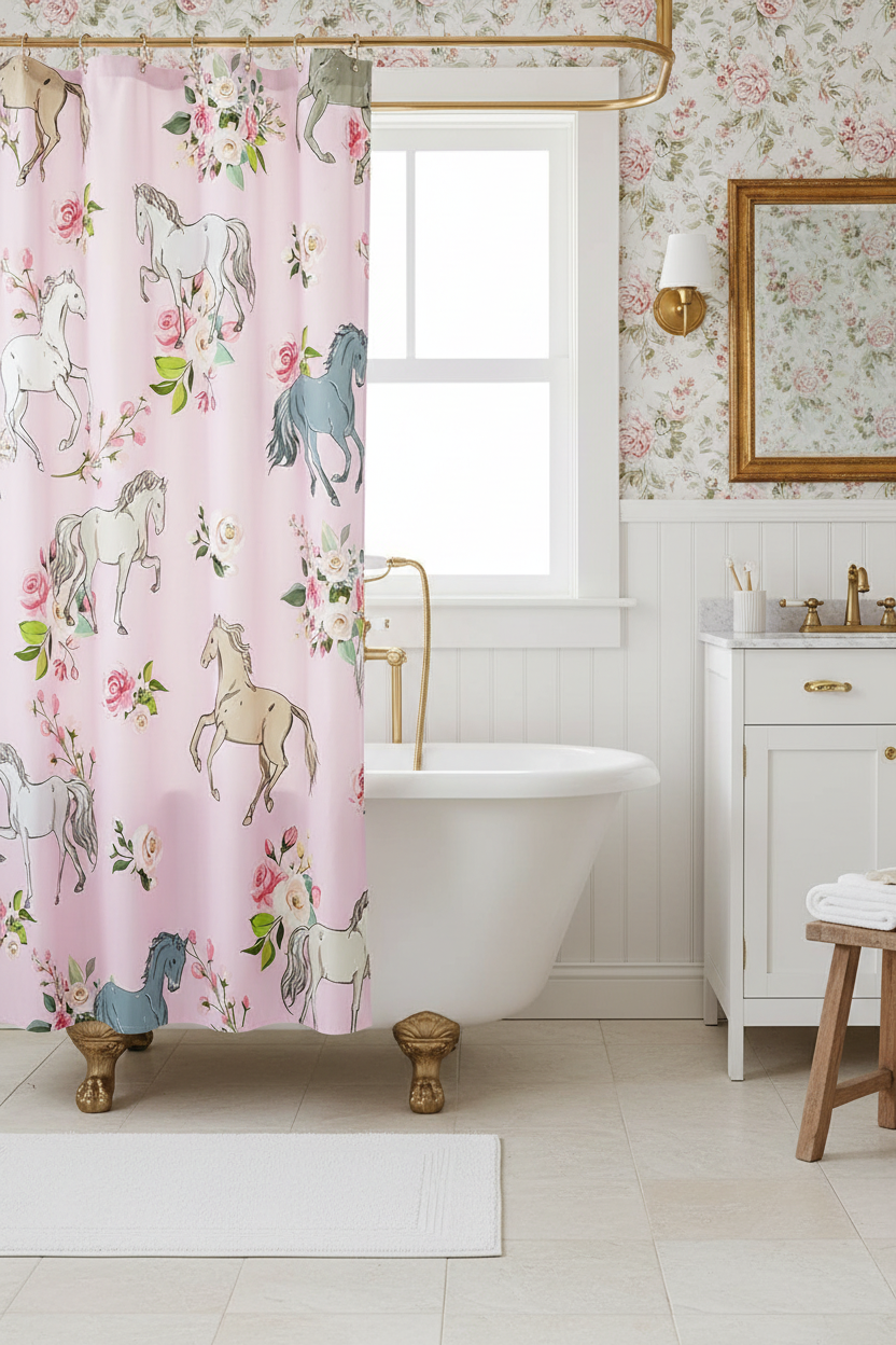 Pink horse and floral print shower curtain in a vintage-inspired bathroom with clawfoot bathtub, gold fixtures and white wainscoting