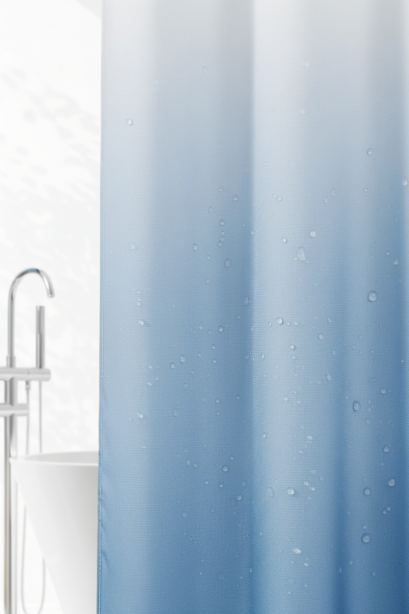Close-up of white to steel blue ombre shower curtain showing waffle weave texture and water beading