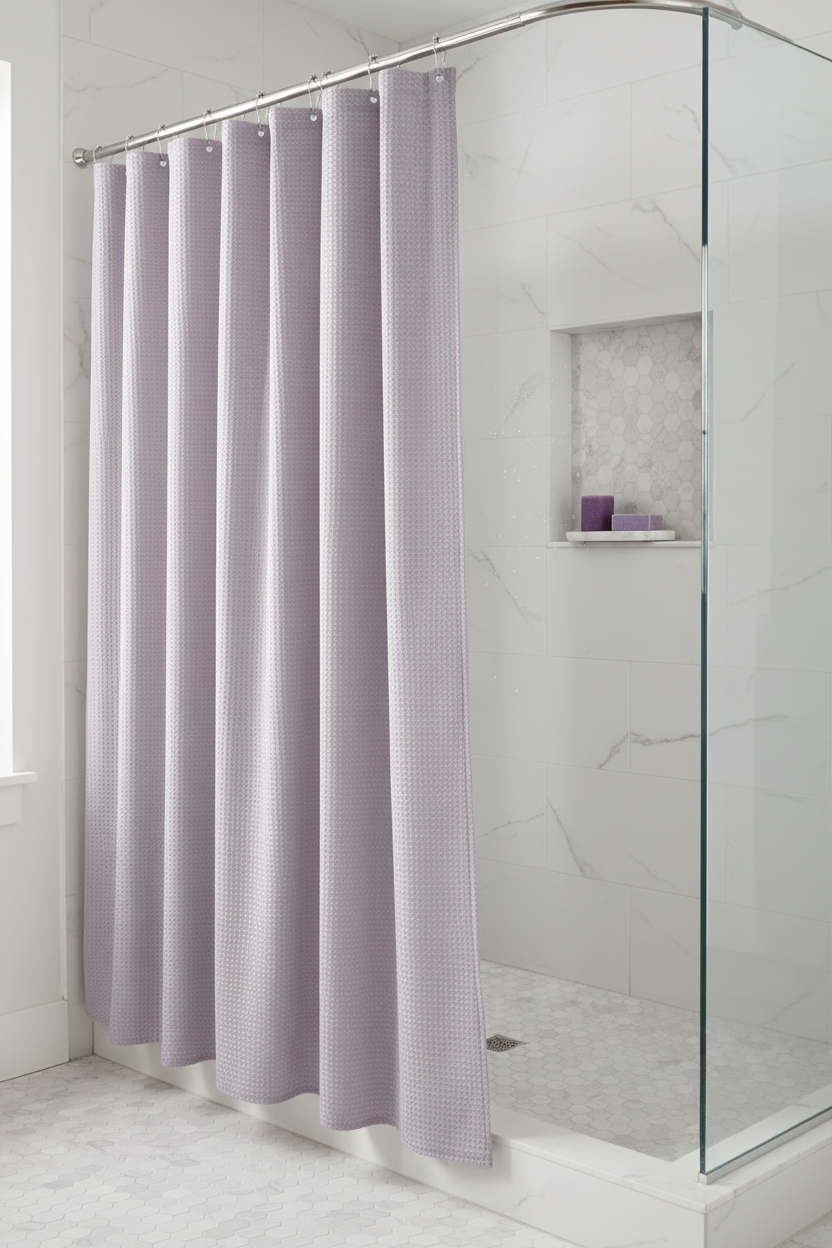 Lavender waffle shower curtain partially drawn revealing walk-in shower with marble tiles and purple candle