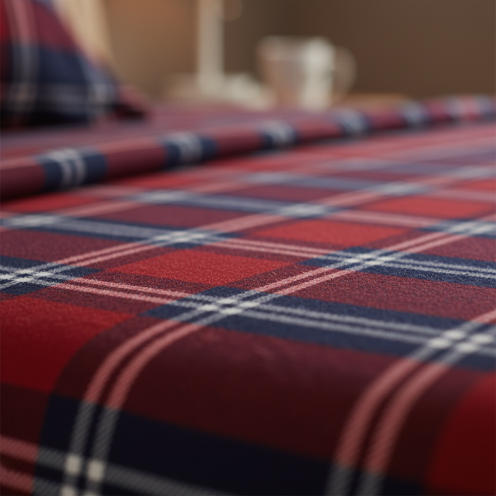 Cotton Flannel Twin Sheet Set Red Blue Plaid - brushed flannel fabric texture close-up