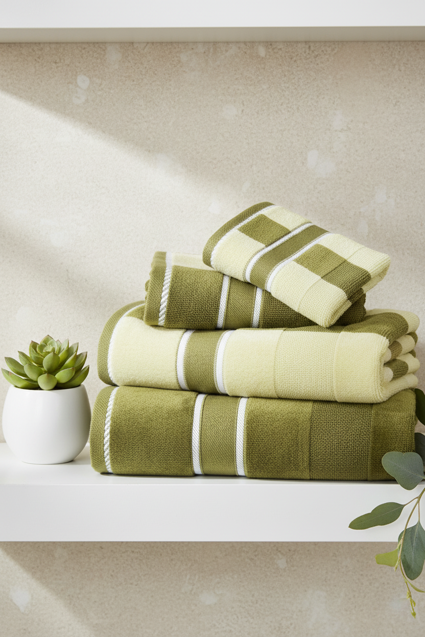 Green striped cotton velour towels folded on white bathroom shelf with eucalyptus