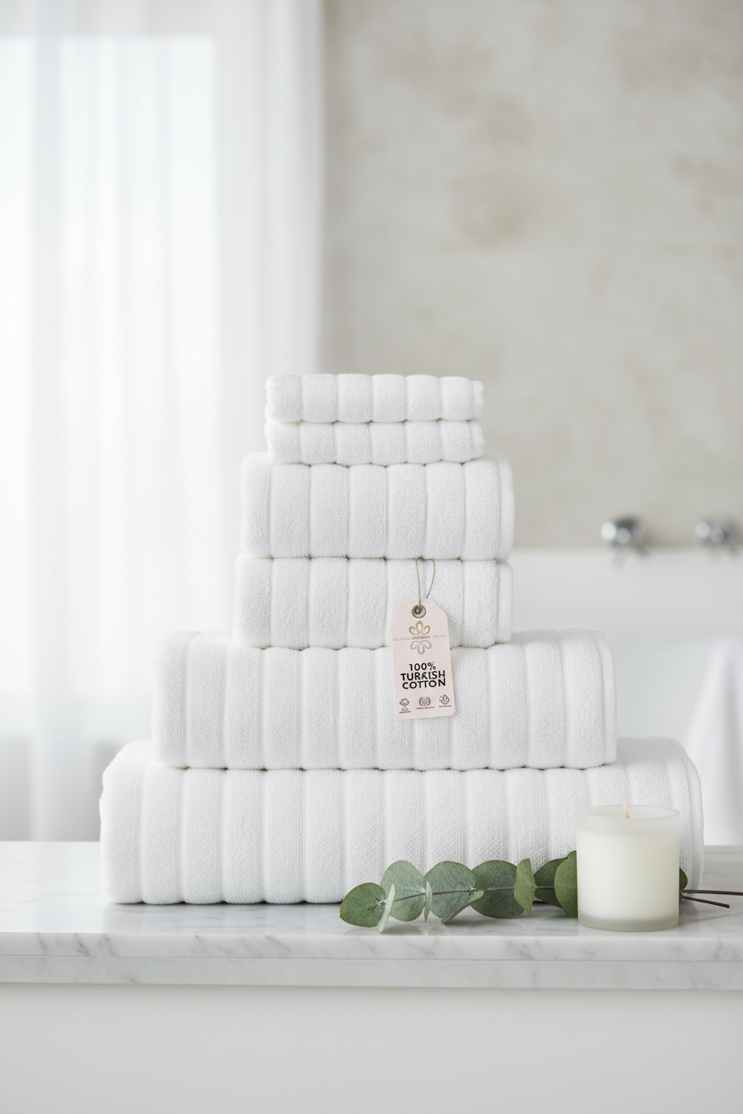 White ribbed Turkish cotton towels folded on marble bathroom shelf with eucalyptus and candle