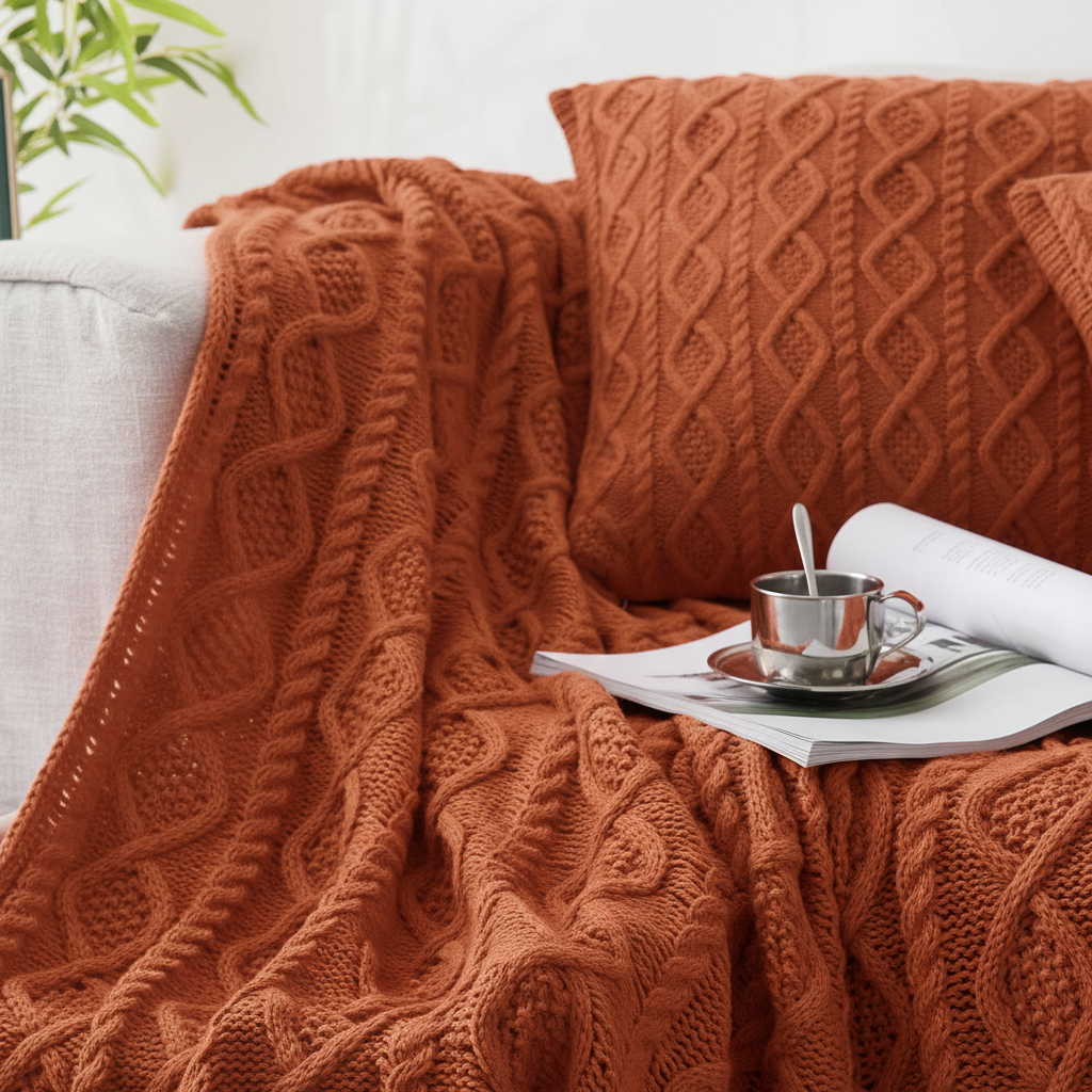 Close-up of rust cable knit throw blanket showing diamond knit texture detail