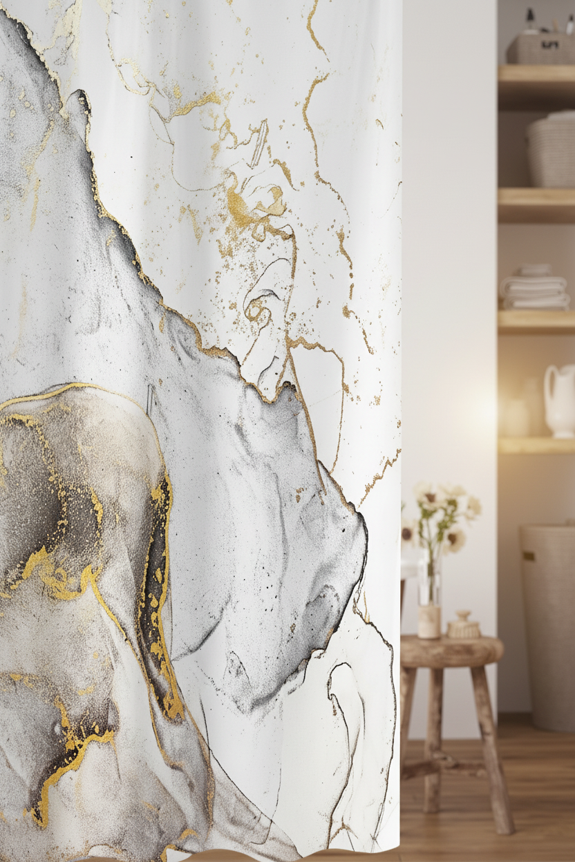 Close-up of white and grey marble shower curtain showing bold gold vein print detail and fabric texture