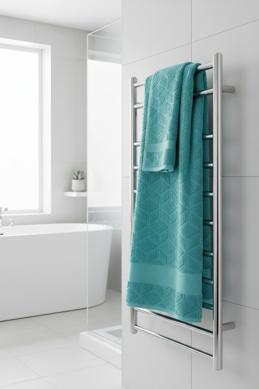 Turquoise geometric bath sheet draped over heated towel rail in modern white bathroom