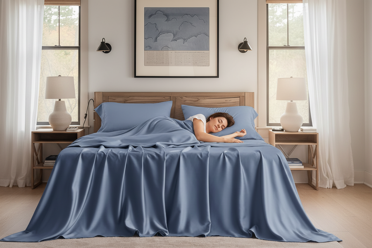 Person sleeping under stormy blue TENCEL Lyocell sheets