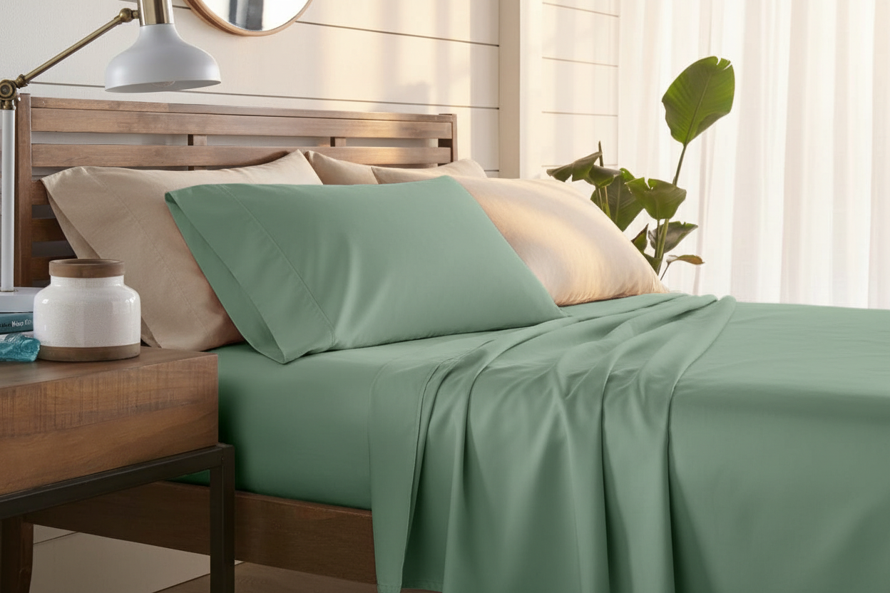 Lush Sateen Full Sheet Set in Sage - morning light rumpled bed