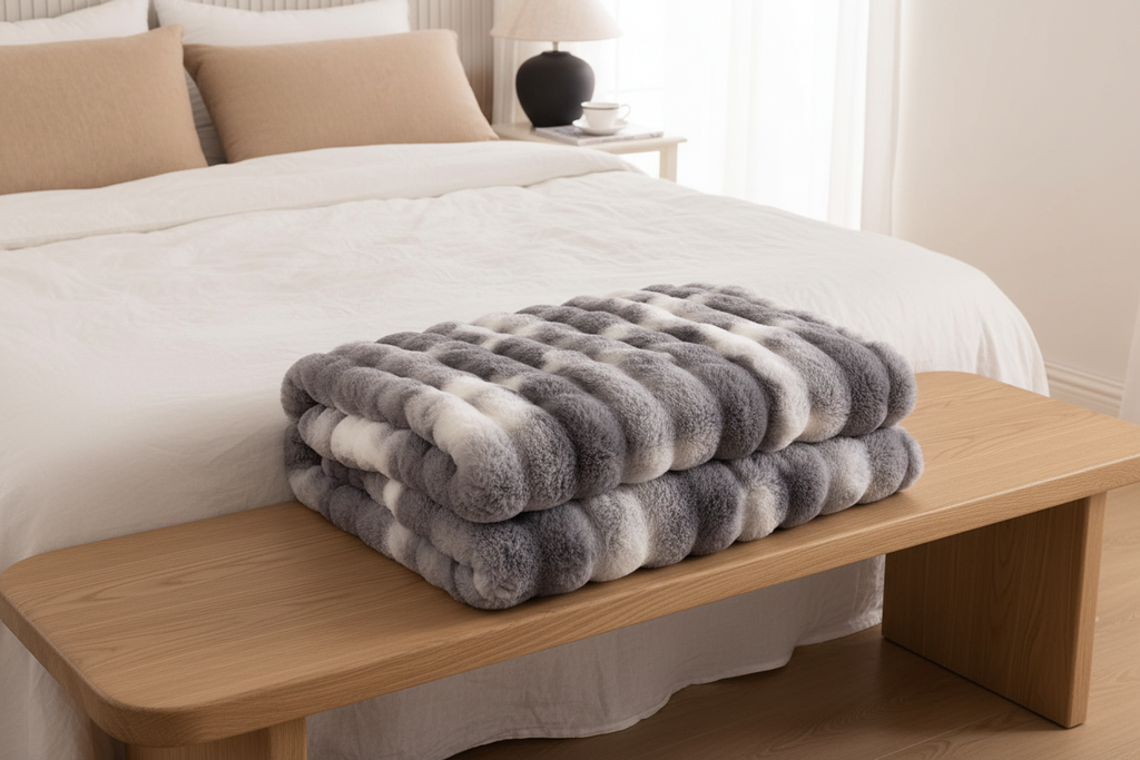 Tie-Dye Faux Fur Blanket folded on a bed end bench in a luxury bedroom