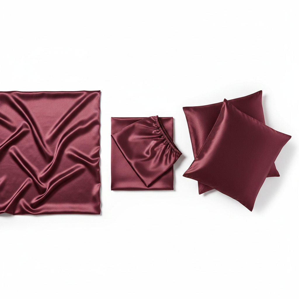 Burgundy satin sheet set flat lay showing fitted sheet, flat sheet and pillowcase