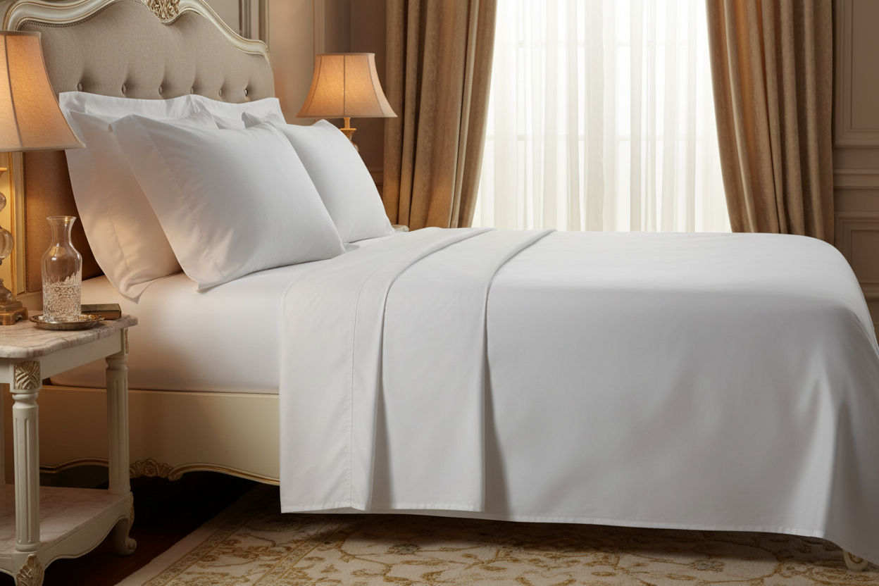 White Egyptian cotton sateen super king sheet set side lifestyle angle showing lustrous sheen