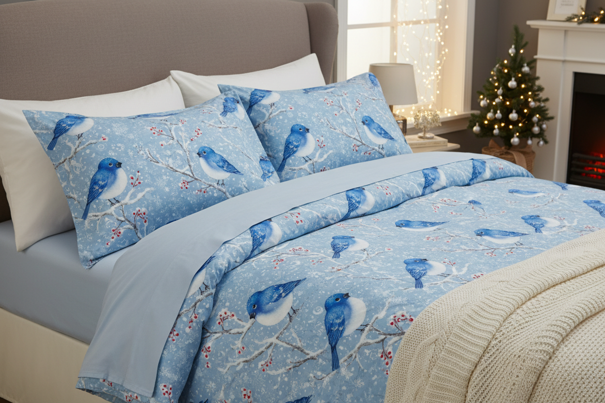Christmas Snowy Bluebirds sheet set — hero flat lay on bed