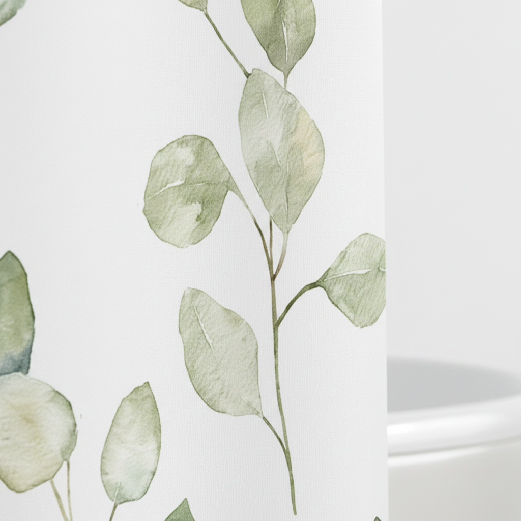 Close-up of white shower curtain showing soft watercolour sage green eucalyptus leaves on trailing stems