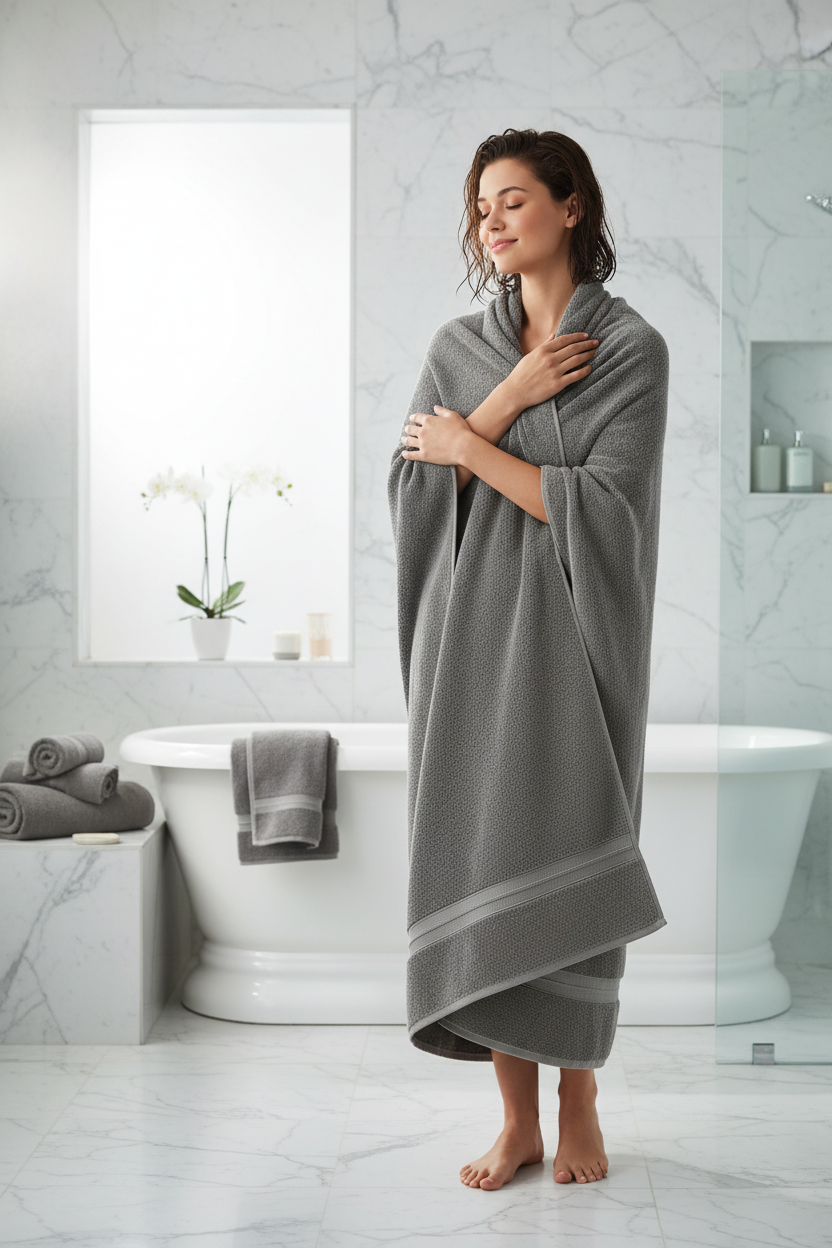 Woman wrapped in a plush grey Turkish cotton bath towel in a bright marble bathroom