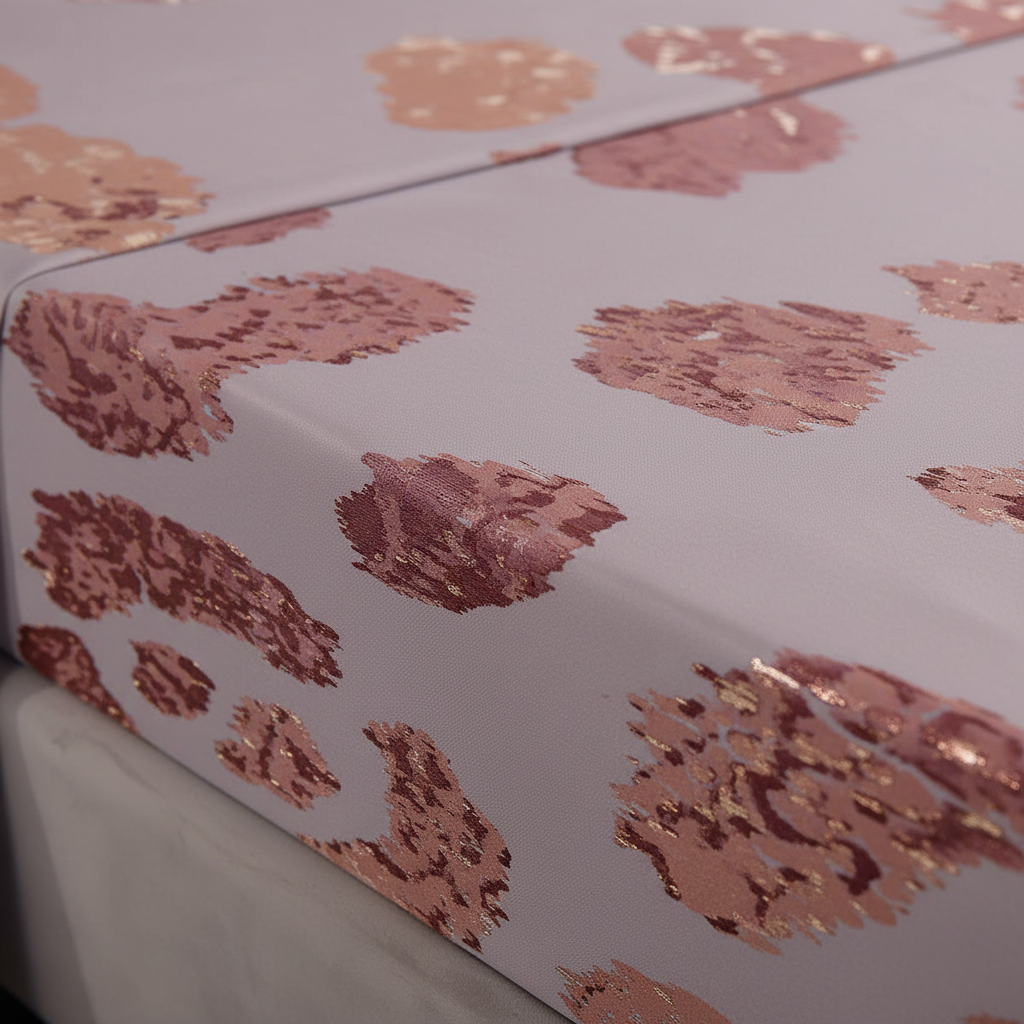 Close-up of rose gold leopard print sheet fabric texture