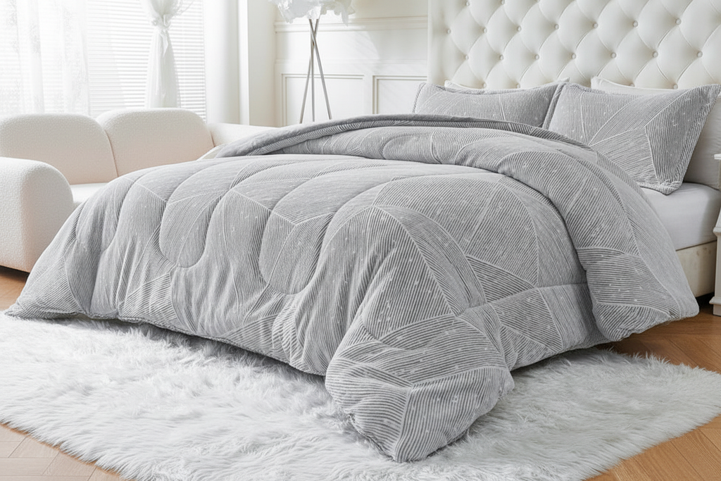Light grey faux fur comforter draped over bed edge showing both faux fur and microfiber sides
