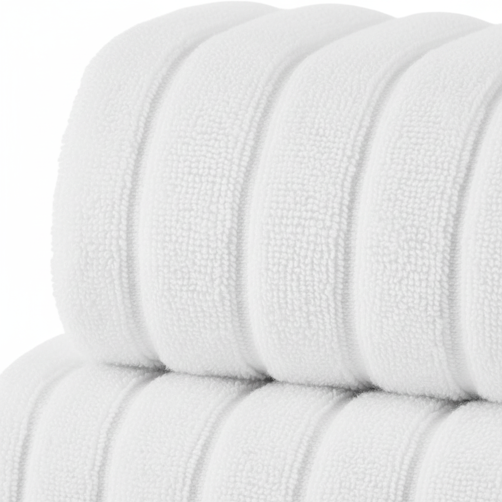 Close-up of white 620 GSM Turkish cotton bath towel showing ribbed weave texture and plush terry loops