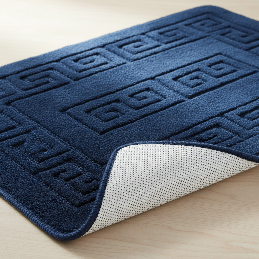 Close-up of navy blue bath rug showing Greek key pattern and soft pile texture